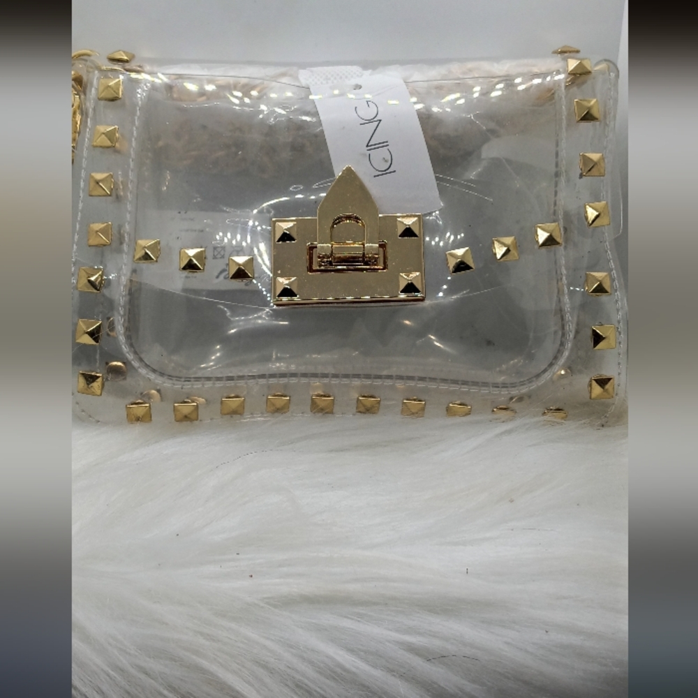 Clear Studded Clutch with Gold Accents